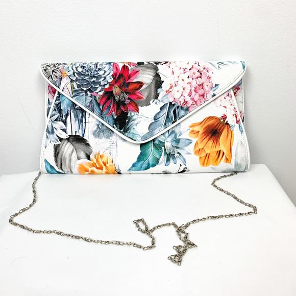Handbags - NWT White & Bright Floral Shoulder Bag with Silver Chain Strap